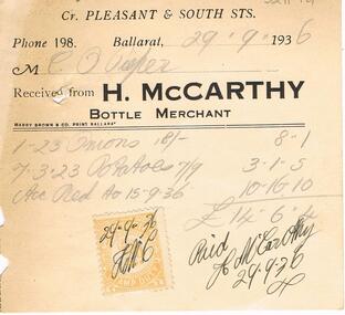 Document - PIEPER COLLECTION:  INVOICE H. MCCARTHY BOTTLE MERCHANT