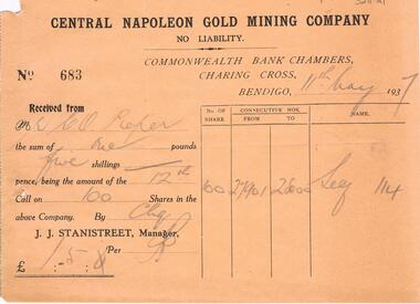 Document - PIEPER COLLECTION:  RECEIPT CENTRAL NAPOLEON GOLD MINING COMPANY