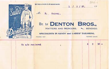 Document - GUINEY COLLECTION:  INVOICE DENTON BROS, HATTERS AND MERCERS, BENDIGO