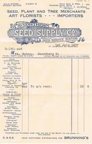 Document - GUINEY COLLECTION:  ACCOUNT RENDERED NORTHERN SEED SUPPLY CO., MARKET SQUARE, BENDIGO
