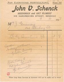 Document - GUINEY COLLECTION:  INVOICE JOHN V. SCHENCK, SEEDSMAN AND ART FLORIST