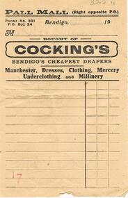 Document - GUINEY COLLECTION:  INVOICE COCKING'S, PALL MALL, BENDIGO