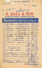 Document - GUINEY COLLECTION:  INVOICE R. BALL & SON, GENERAL STORE, MUNDY STREET, BENDIGO