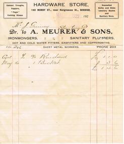 Document - GUINEY COLLECTION:  INVOICE A. MEURER & SONS, HARDWARE STORE