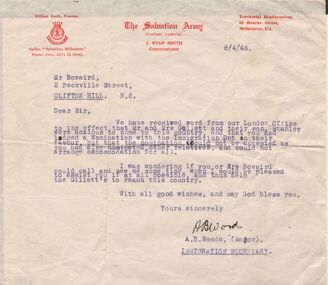 Document - ERROL BOVAIRD COLLECTION: LETTER FROM SALVATION ARMY REGARDING IMMIGRATION OF RELATIVES, 1948