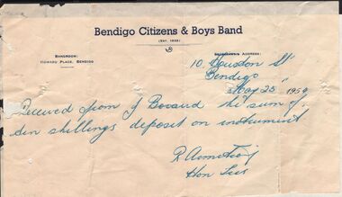 Document - ERROL BOVAIRD COLLECTION: BENDIGO CITIZENS & BOYS BAND RECEIPT