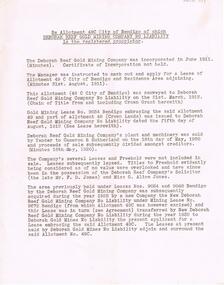 Document - MCCOLL, RANKIN AND STANISTREET COLLECTION: DEBORAH REEF GOLD MINING COMPANY HISTORY OF LEASE, June 1911