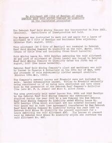 Document - MCCOLL, RANKIN AND STANISTREET COLLECTION: DEBORAH REEF GOLD MINING COMPANY HISTORY OF LEASE, June 1911