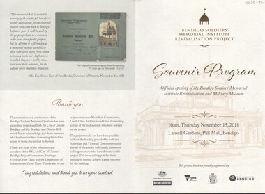 Document - ANZAC COLLECTION:  SOUVENIR PROGRAM OFFICIAL OPENING OF THE BENDIGO SOLDIERS' MEMORIAL MILITARY MUSEUM, Thursday 15th November, 2