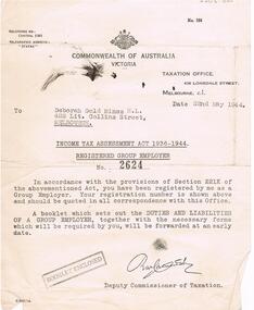 Document - MCCOLL, RANKIN AND STANISTREET COLLECTION: INCOME TAX ASSESSMENT DEBORAH GOLD MINES N.L, 22nd May, 1944