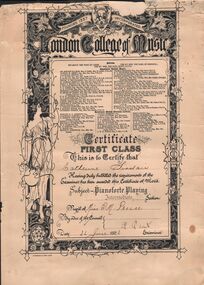 Document - ERROL BOVAIRD COLLECTION: LONDON COLLEGE OF MUSIC CERTIFICATE: CARINE SINCLAIR