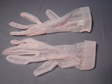 Clothing - AILEEN AND JOHN ELLISON COLLECTION: ONE PAIR LADIES SHORT PINK NYLON GLOVES, 1950's