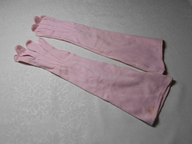 Clothing - AILEEN AND JOHN ELLISON COLLECTION: ONE PAIR LADIES LONG PINK COTTON SIMPLEX GLOVES, 1950's