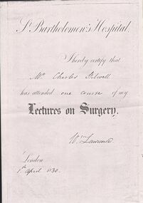 Document - STILWELL COLLECTION: ST BARTHOLOMEW'S HOSPITAL CERTIFICATE