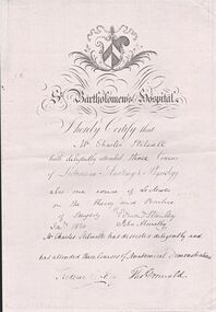 Document - STILWELL COLLECTION: ST BARTHOLOMEW HOSPITAL CERTIFICATE