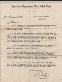 Document - ELMA WINSLADE WELLS COLLECTION: EDUCATION DEPARTMENT WAR RELIEF FUND LETTER