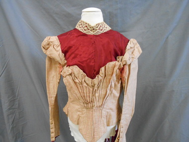 Clothing - BURGUNDY AND CREAM BODICE, 1850's