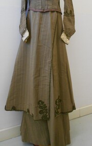 Clothing - BROWN STRIPED LONG SKIRT WITH OVERSKIRT (PART OF TWO PIECE OUTFIT), 1908