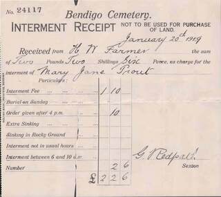 Document - L. PROUT COLLECTION: BENDIGO CEMETERY INTERMENT RECEIPT