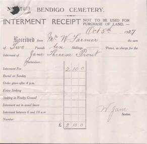 Document - L. PROUT COLLECTION: BENDIGO CEMETERY INTERMENT RECEIPT