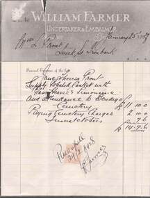 Document - L. PROUT COLLECTION: RECEIPT FROM WILLIAM FARMER UNDERTAKER & EMBALMER