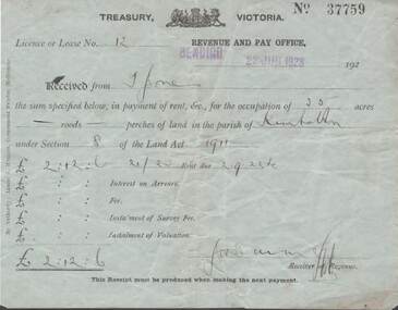 Document - L. PROUT COLLECTION: TREASURY VICTORIA RECEIPT