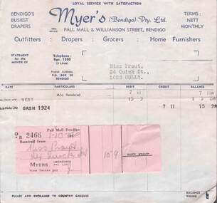 Document - L. PROUT COLLECTION: MYER'S BENDIGO RECEIPTS