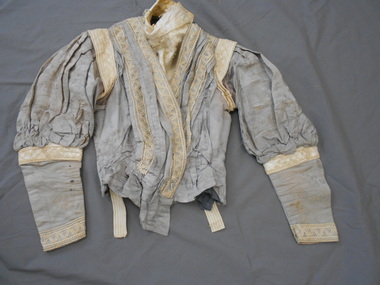 Clothing - SILVER SILK AND LACE TRIMMED BODICE, 1860's-70's
