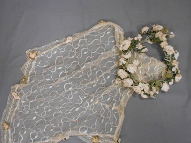 Clothing - CREAM SILK WEDDING VEIL ON FLORAL CIRCLET, 1900-1910