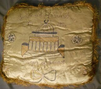 Textile - PALE GOLD SILK AND COTTON EMBROIDERED CUSHION FROM PALESTINE, 1942