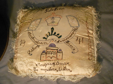 Textile - RAYON AND COTTON CUSHION-PALESTINE/AUSTRALIAN COMMONWEALTH MILITARY FORCES, A WARTIME SOUVENIR FROM PALESTINE, 1941