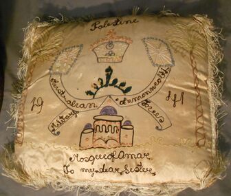 Textile - RAYON AND COTTON CUSHION-PALESTINE/AUSTRALIAN COMMONWEALTH MILITARY FORCES, A WARTIME SOUVENIR FROM PALESTINE, 1941