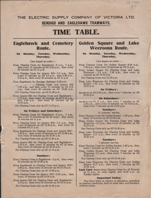 Document - BASIL MILLER COLLECTION:  ELECTRIC SUPPLY COMPANY BENDIGO AND EAGLEHAWK TRAMWAYS TIMETABLE
