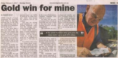 Newspaper - FOSTERVILLE GOLD MINE COLLECTION: ARTICLE 'GOLD WIN FOR MINE'
