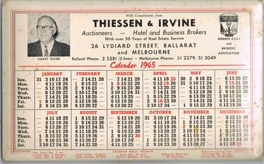 Domestic Object - 1965 CALENDAR - THIESSEN & IRVINE AUCTIONEERS - HOTEL AND BUSINESS BROKERS, 1965