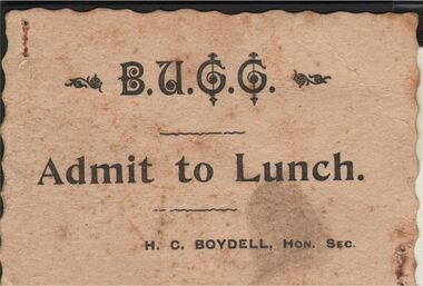 Ephemera - BENDIGO UNITED CRICKET CLUB COLLECTION: TICKET FOR ADMISSION TO LUNCH