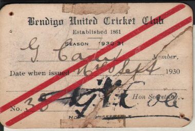 Ephemera - BENDIGO UNITED CRICKET CLUB COLLECTION: 1930-31 SEASON TICKET