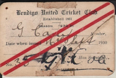 Ephemera - BENDIGO UNITED CRICKET CLUB COLLECTION: 1930-31 SEASON TICKET
