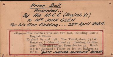 Ephemera - BENDIGO UNITED CRICKET CLUB COLLECTION: PRIZE BALL PRESENTED TO MR. JOHN GLEN