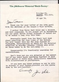 Document - JAMES LERK COLLECTION: LETTER FROM MELBOURNE HISTORICAL BOTTLE SOCIETY