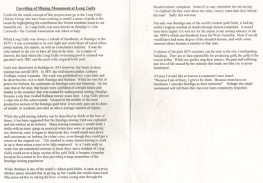 Document - LONG GULLY HISTORY GROUP COLLECTION: UNVEILING OF MINING MONUMENT AT LONG GULLY