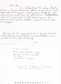 Document - LONG GULLY HISTORY GROUP COLLECTION: LETTER OF APPRECIATION FROM LONG GULLY HISTORY GROUP