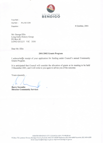 Document - LONG GULLY HISTORY GROUP COLLECTION: LETTER TO MR GEORGE ELLIS