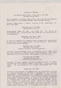 Document - CONSTABLE RYAN COLLECTION: CHINESE IN BENDIGO AND CHRONOLOGICAL LIST OF EVENTS