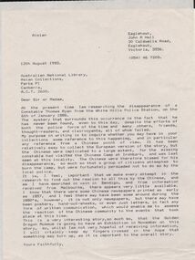 Document - CONSTABLE RYAN COLLECTION: LETTER TO AUSTRALIAN NATIONAL LIBRARY