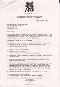 Document - CONSTABLE RYAN COLLECTION: LETTER TO POLICE HISTORICAL UNIT