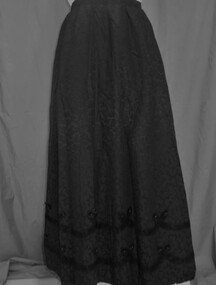 Clothing - LONG BLACK RAYON(?) SKIRT WITH SATIN AND BUTTON TRIM, Early 1900's