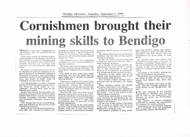 Newspaper - LONG GULLY HISTORY GROUP COLLECTION: CORNISHMEN FROUGHT THEIR MINING SKILLS TO BENDIGO