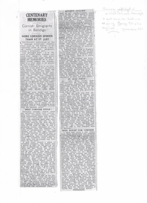 Newspaper - LONG GULLY HISTORY GROUP COLLECTION: CENTENARY MEMORIES - CORNISH EMIGRANTS IN BENDIGO