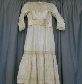 Clothing - CREAM EMBROIDERED SILK AND LACE GIRLS DRESS, Late 1800's